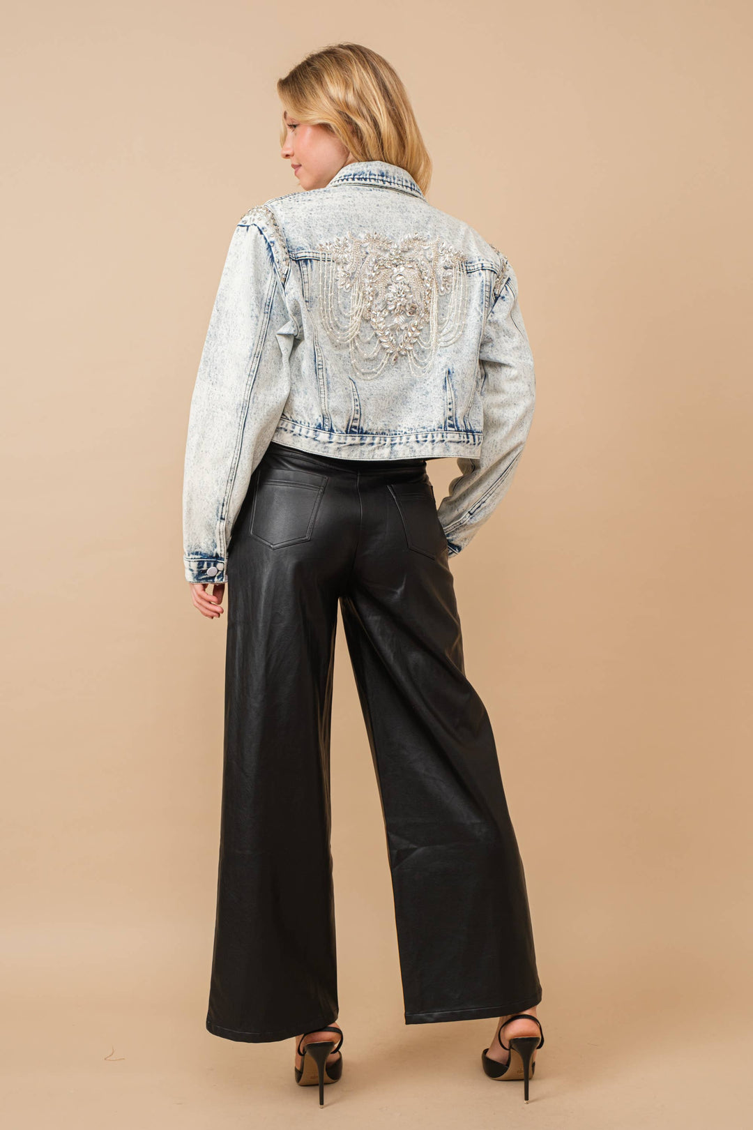 80037J - Acid Washed Shoulder Beading Denim Jacket