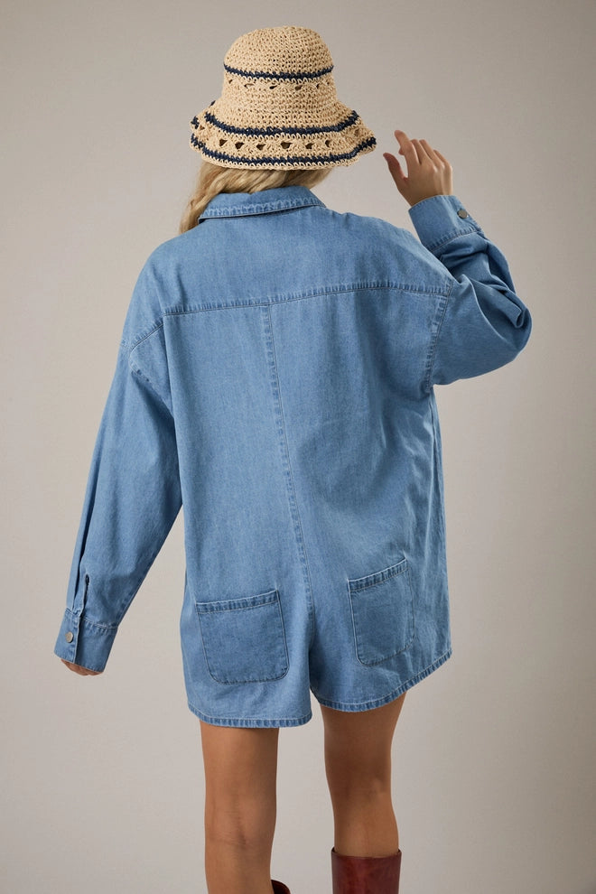Lightweight Denim Romper | Long Sleeve Button-Front Utility Romper