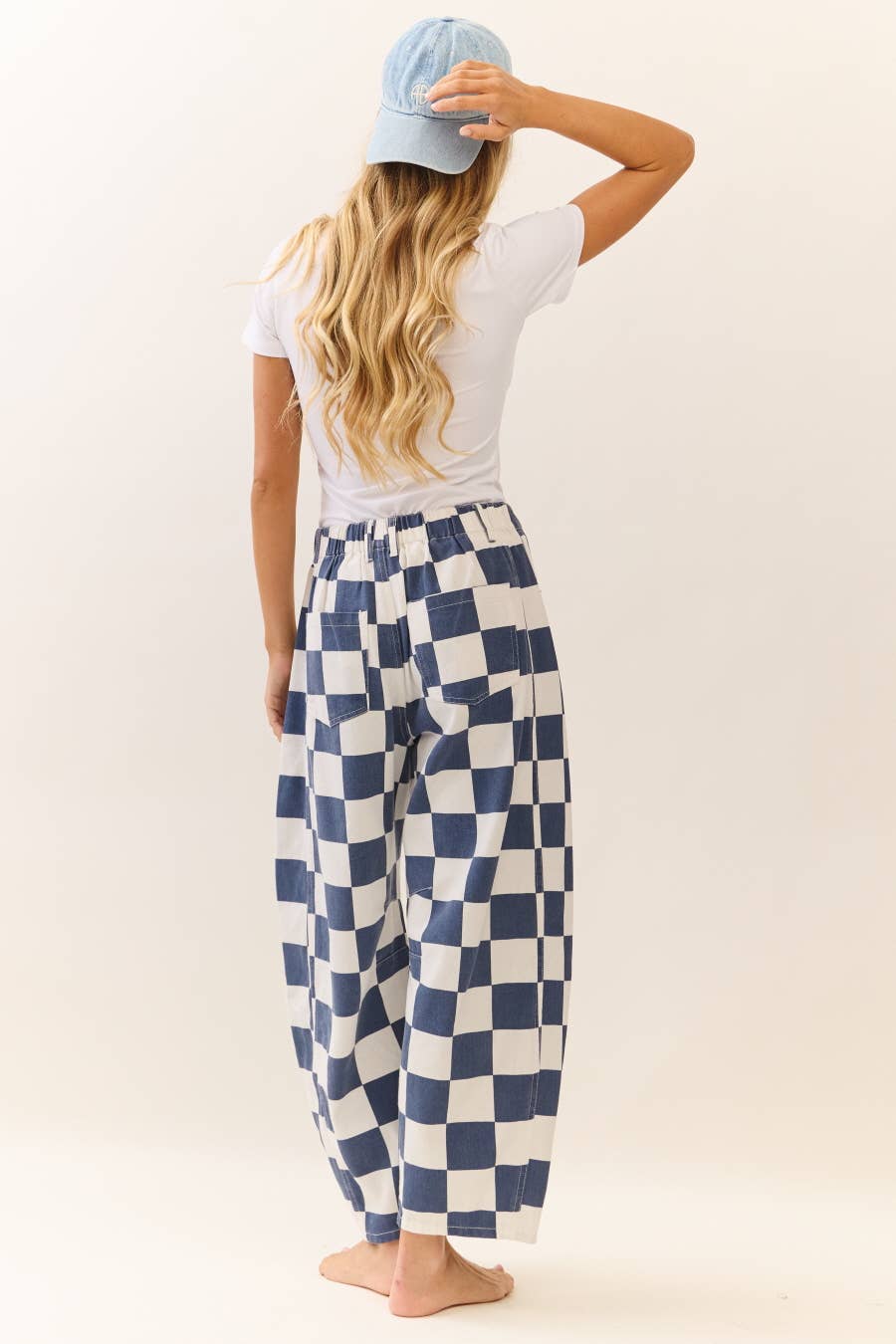 Checkered Printed Barrel Denim Pants