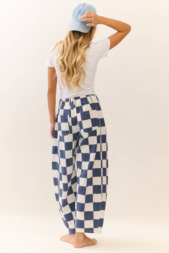 Checkered Printed Barrel Denim Pants