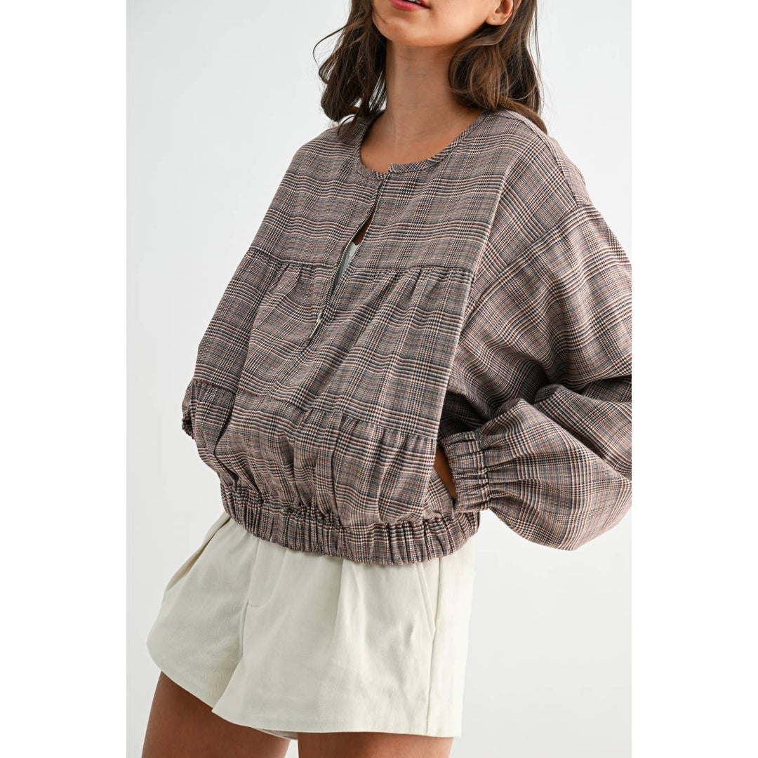 PLAID BALLON SLEEVE ZIP-UP JACKET
