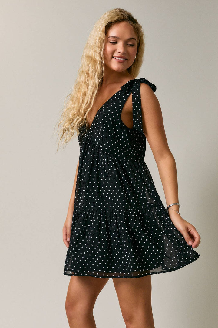 SLEEVELESS TIE SHOULDER STRAP TIERED POLKA DOT MINI DRESS