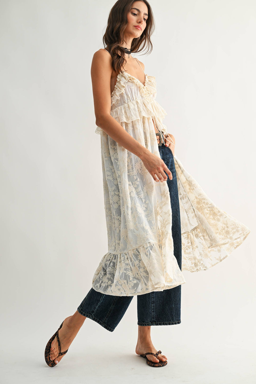 CJT27085 Sheer Floral Lace Ruffle Cover Up Top