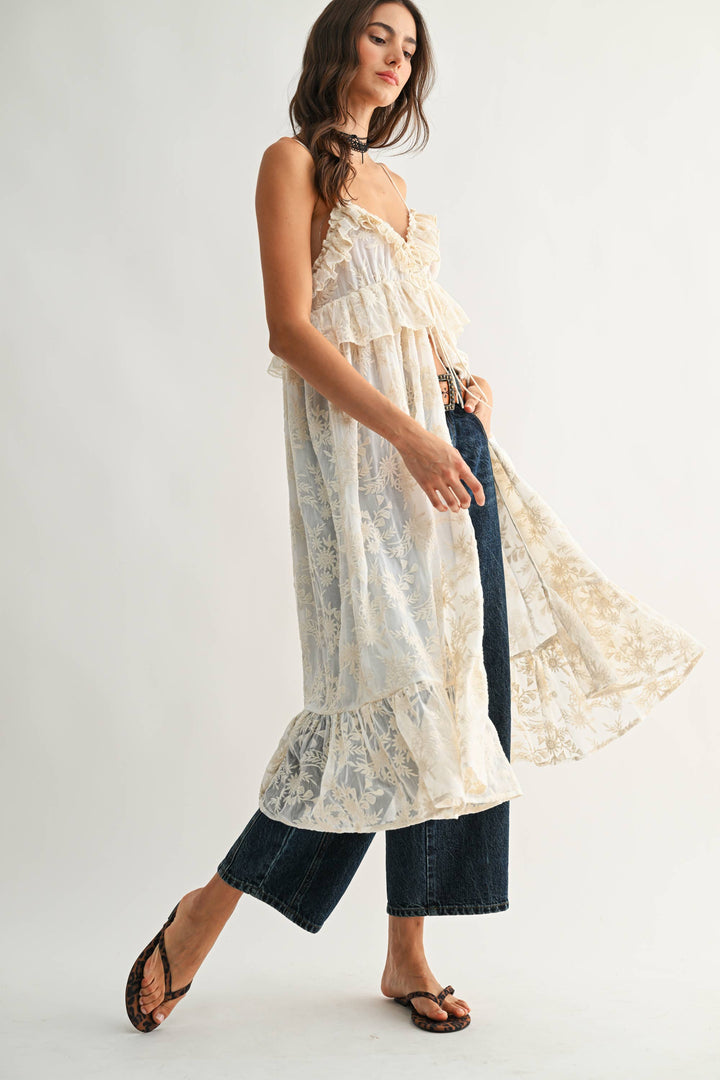CJT27085 Sheer Floral Lace Ruffle Cover Up Top
