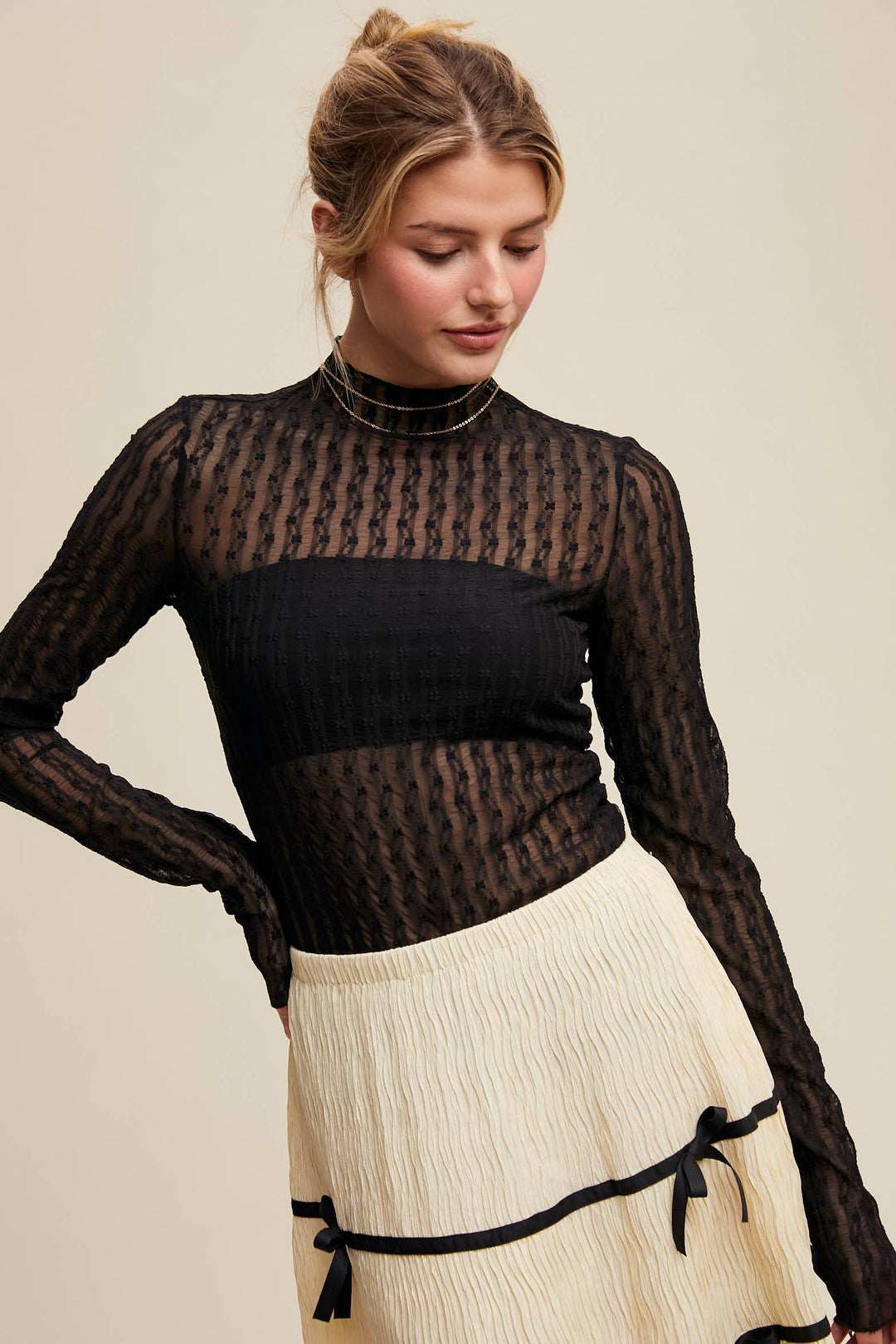 Semi Sheer Textured Lace Long-Sleeve Layering Top LT1424