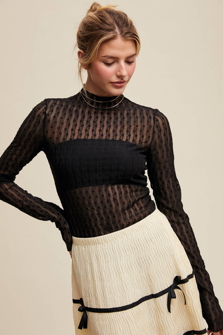 Semi Sheer Textured Lace Long-Sleeve Layering Top LT1424