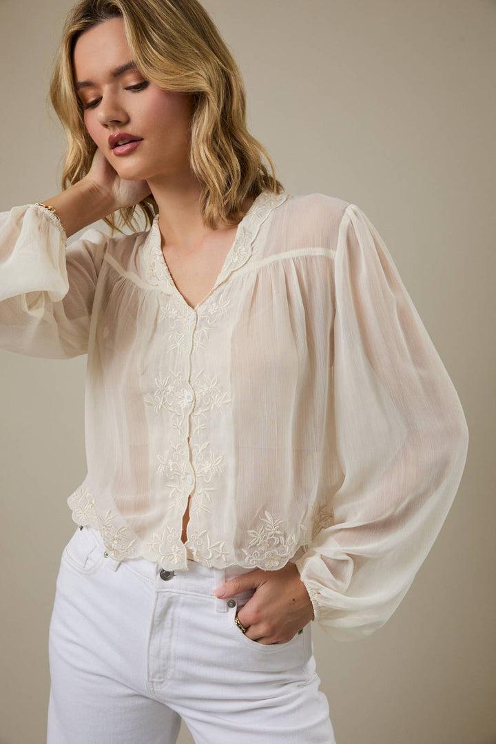 LONG SLEEVE EYELET YOKE CHIFFON BLOUSE