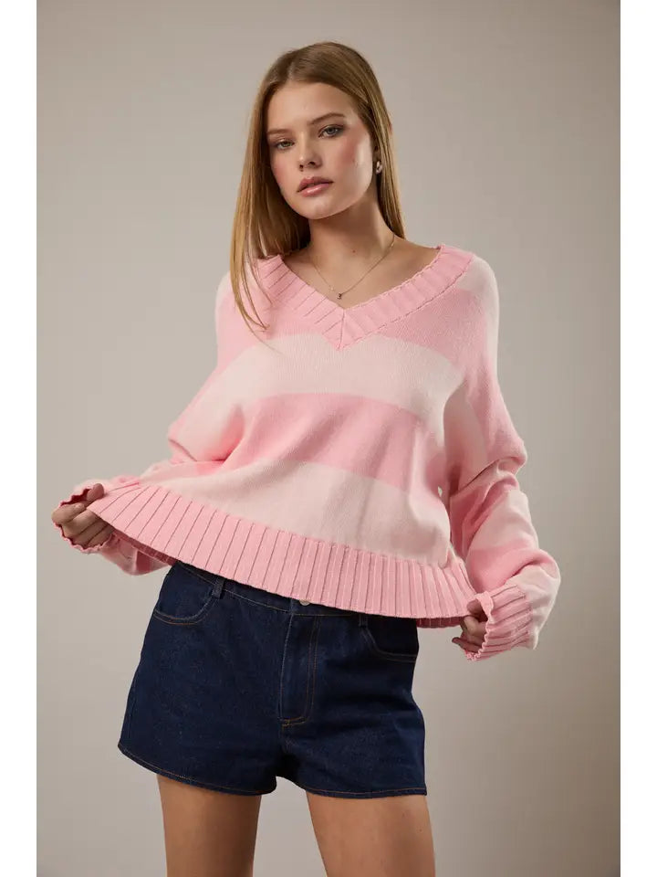 Long Sleeve V-Neck Stripe Crop Sweater