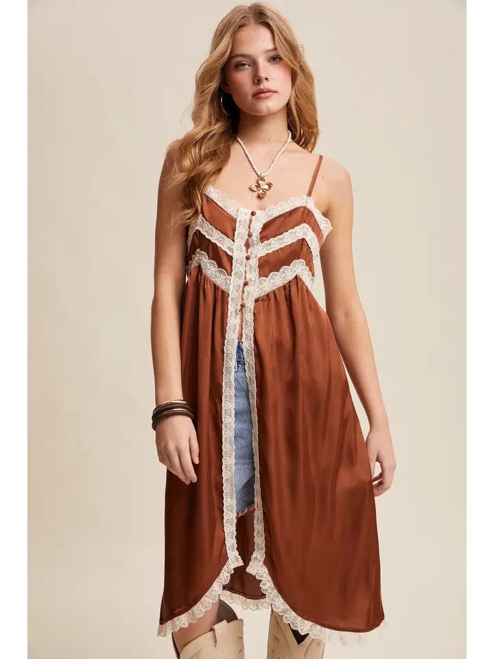 Lace Trim Maxi Cami Top | Boho Button-Front High-Low Layering Top