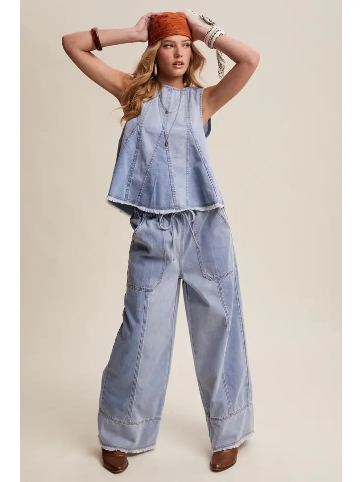 Washed Denim Tank & Wide-Leg Pants Set | Boho Western Denim Two-Piece