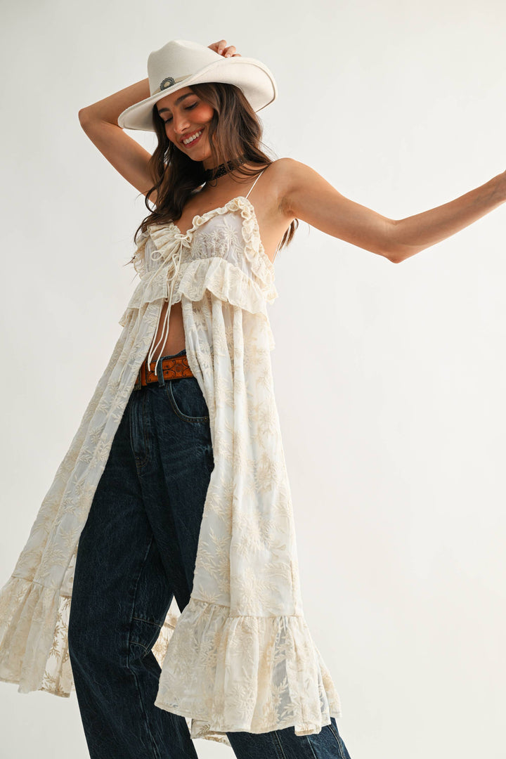 CJT27085 Sheer Floral Lace Ruffle Cover Up Top