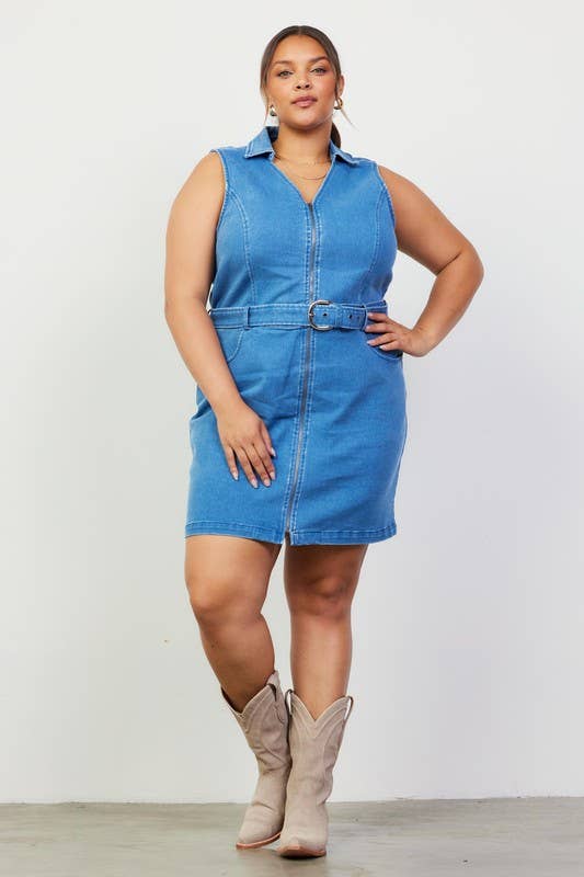 Plus Size Washed Denim Zipper Dress