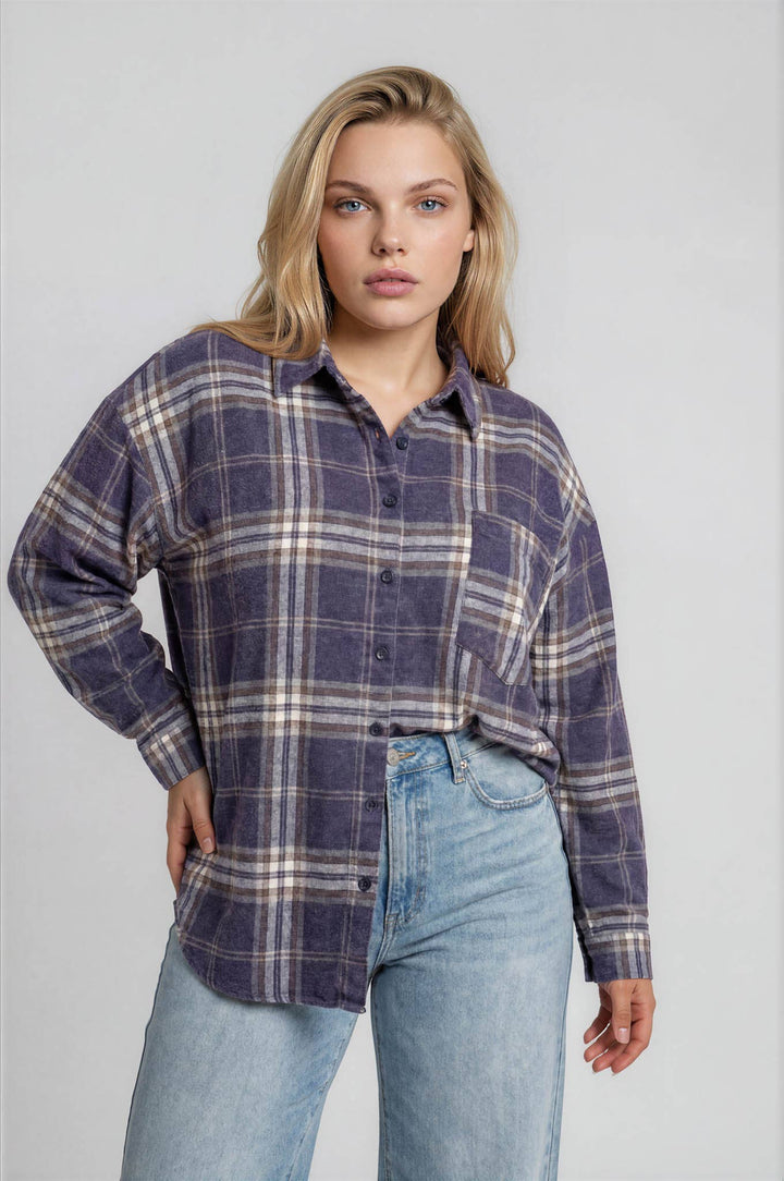 PLUS PLAID BOXY BUTTON COLLARED LONG SLEEVE SHIRT
