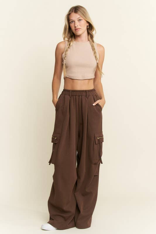 PLUS SIZE SOLID WIDE LEG CARGO PANTS