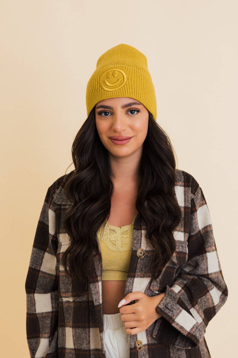 Happy Face Embroidered Ribbed Knit Beanie
