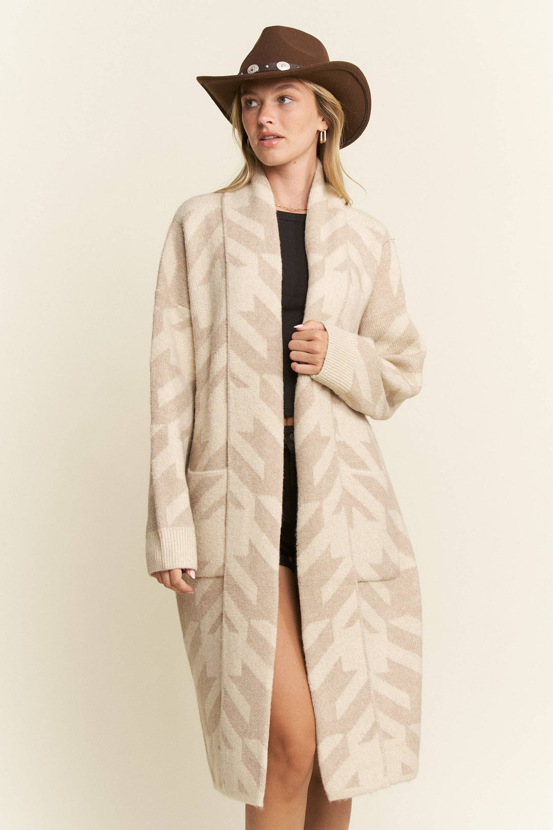 PLUS SIZE GIANT HOUNDSTOOTH PRINT CARDIGAN