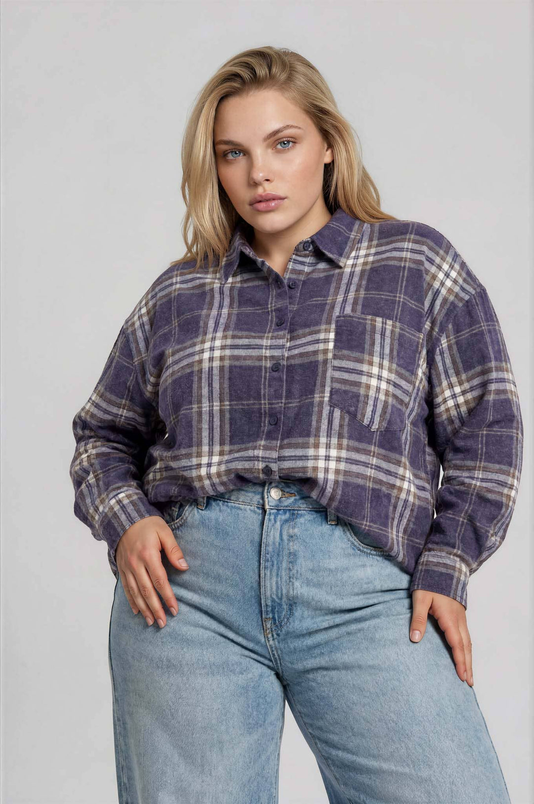 PLUS PLAID BOXY BUTTON COLLARED LONG SLEEVE SHIRT