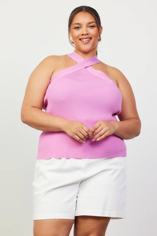 Plus Size Crossed Neck Sleeveless Sweater Top