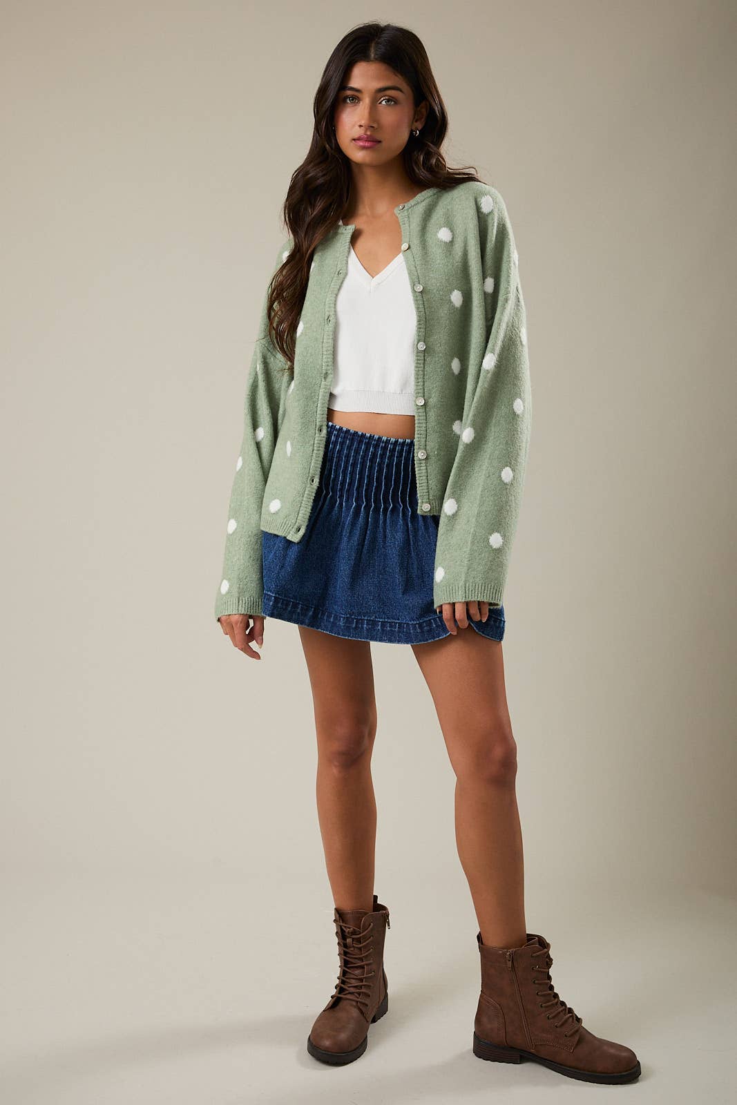LONG SLEEVE CREW NECK POLKA DOT SWEATER CARDIGAN