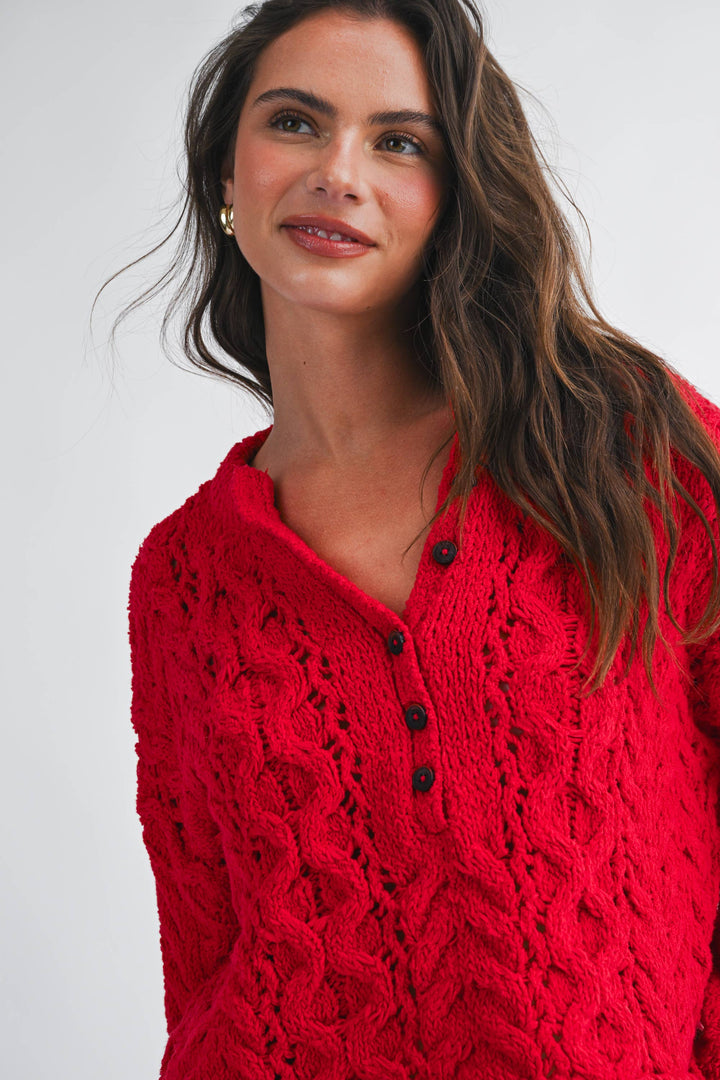 3463HK Textured Cropped Henley Knit Sweater
