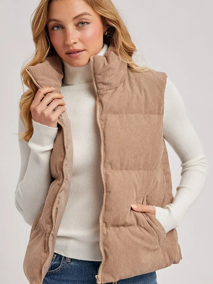 Corduroy Quilted Puffer Vest | Zip-Front Sleeveless Layering Vest