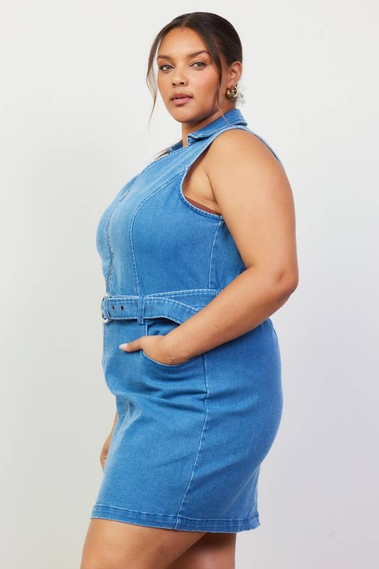 Plus Size Washed Denim Zipper Dress