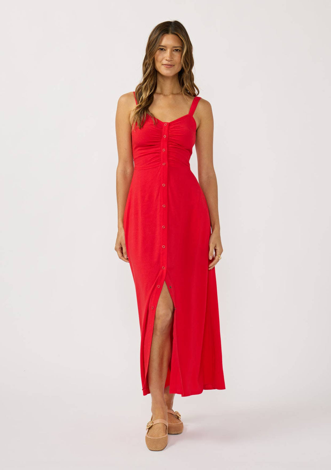 V-Neck Ruched Button Down Maxi Dress