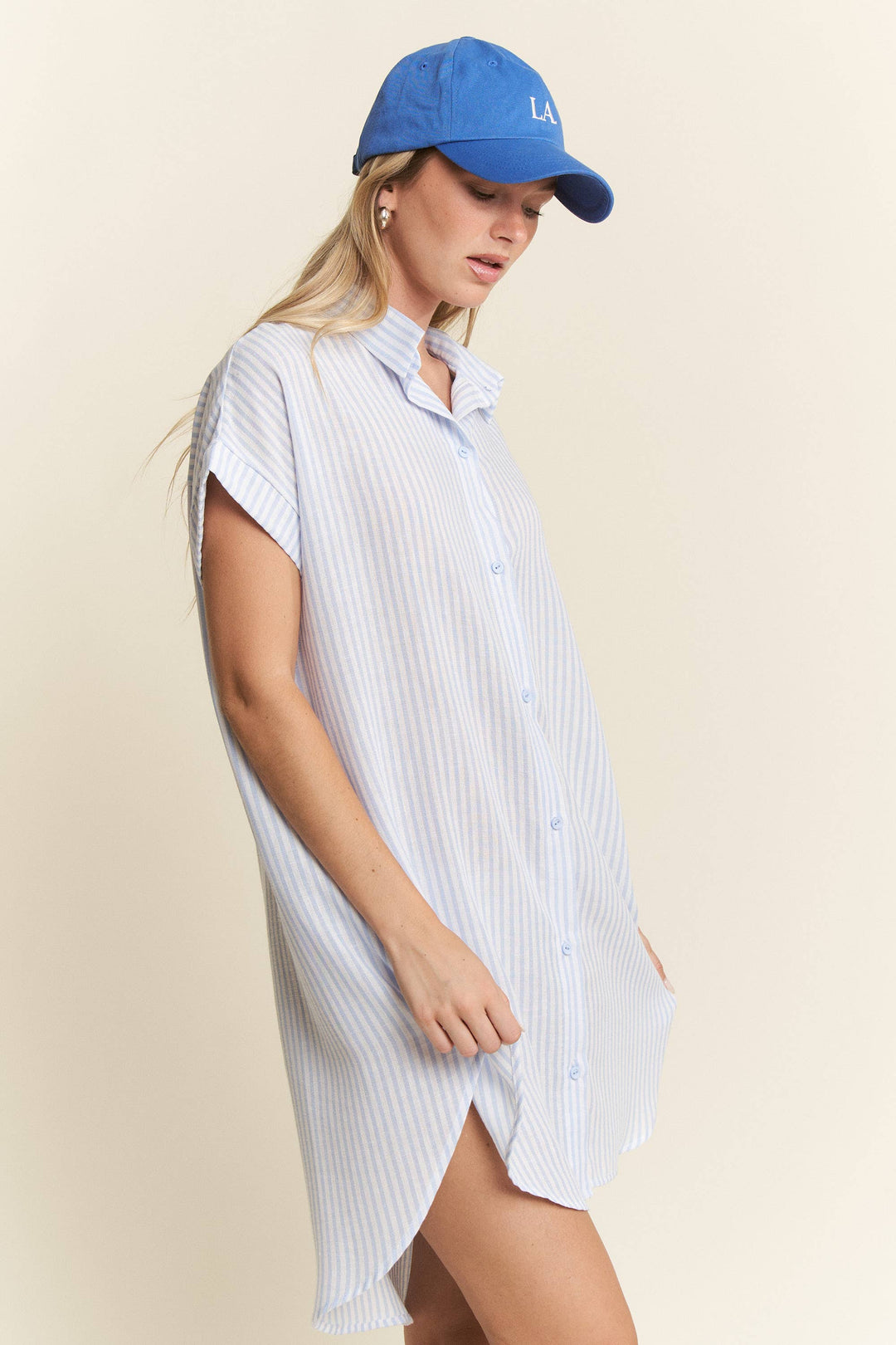 PLUS SIZE STRIPED PASTEL BUTTON DOWN MINI DRESS