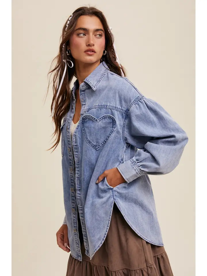 Heart Detail Oversized Denim Shirt