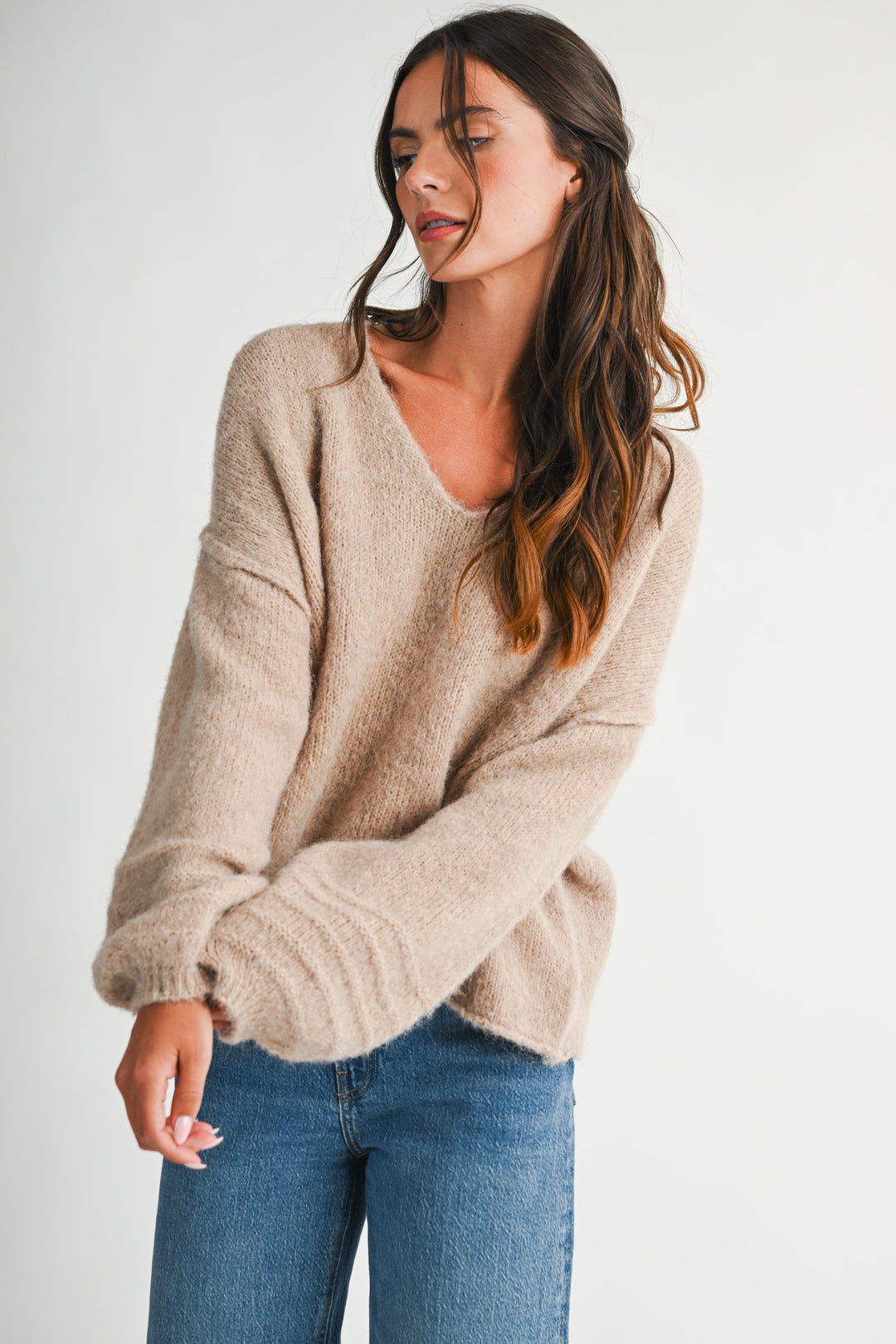 Brushed V-neck Sweater With Rolled Cuffs