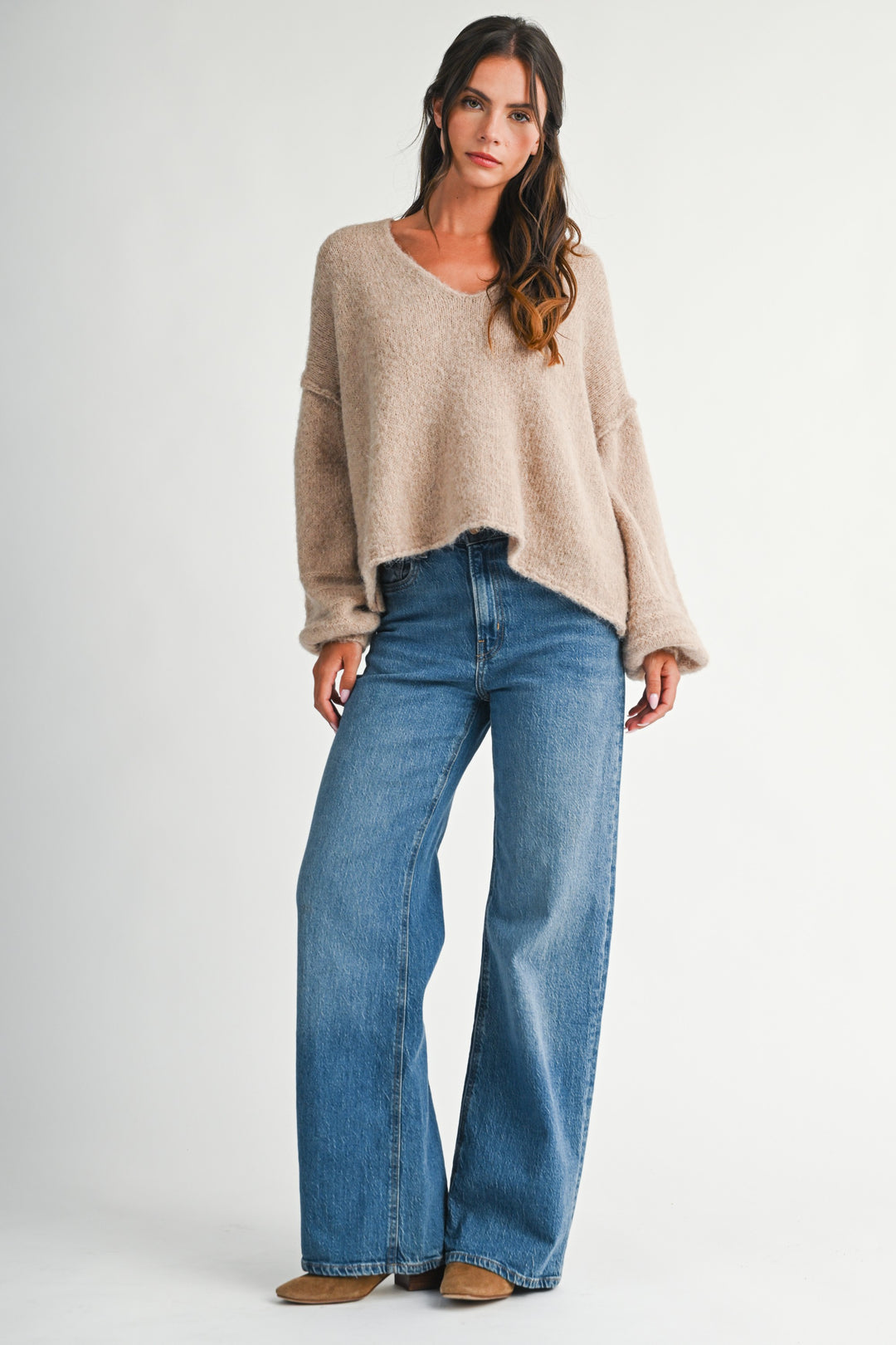 Brushed V-neck Sweater With Rolled Cuffs