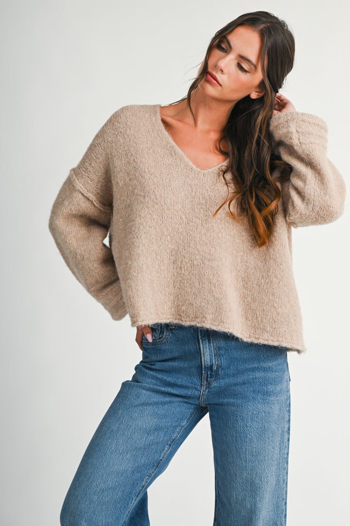 Brushed V-neck Sweater With Rolled Cuffs