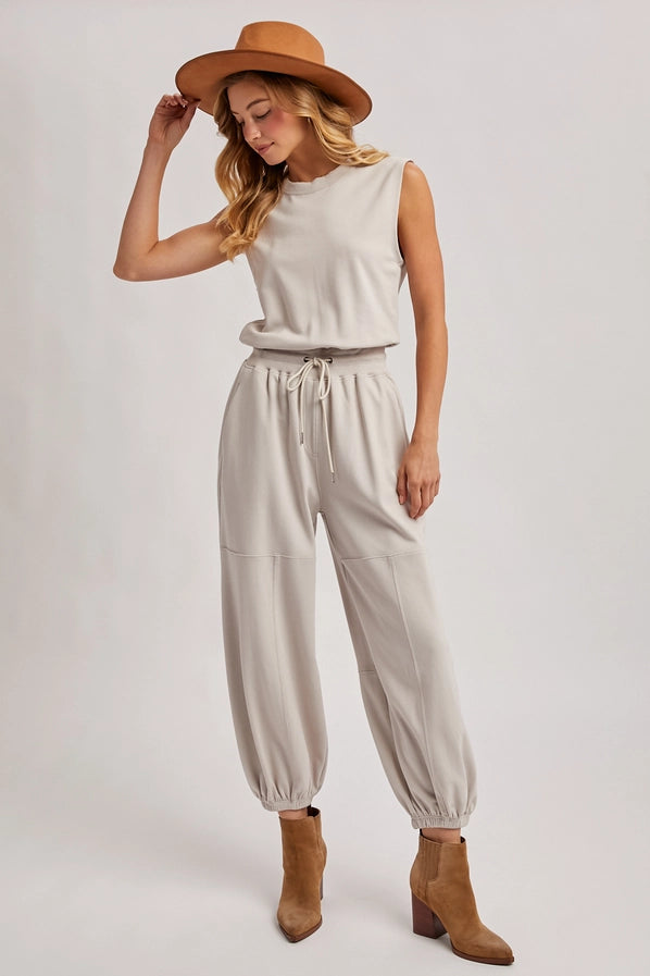 Drawstring Waist Sleeveless Knit Active Jumpsuit