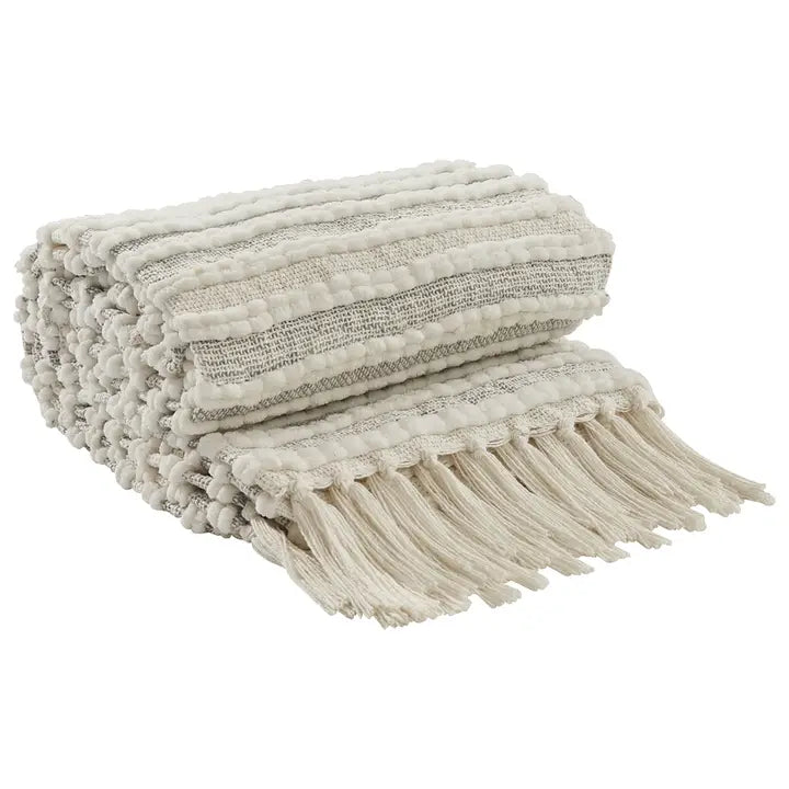Fina Ribbed Throw Blanket | White & Gray Textured Cozy Throw