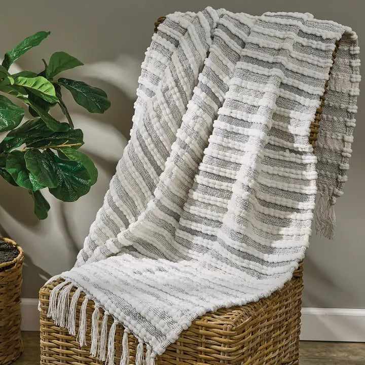 Fina Ribbed Throw Blanket | White & Gray Textured Cozy Throw