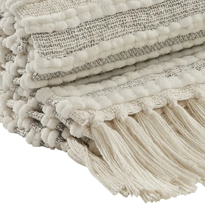 Fina Ribbed Throw Blanket | White & Gray Textured Cozy Throw