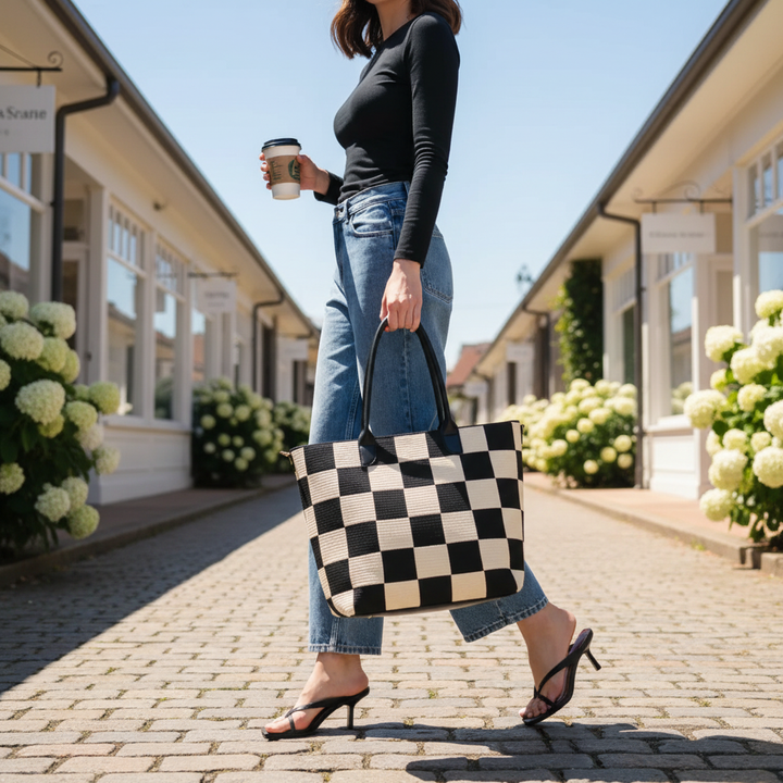 Betty Checkerboard Tote – Black & Cream