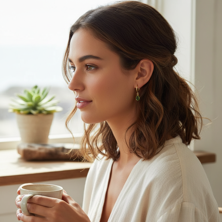 Peridot Huggie Hoops – Gold | Light Green Gemstone Earrings