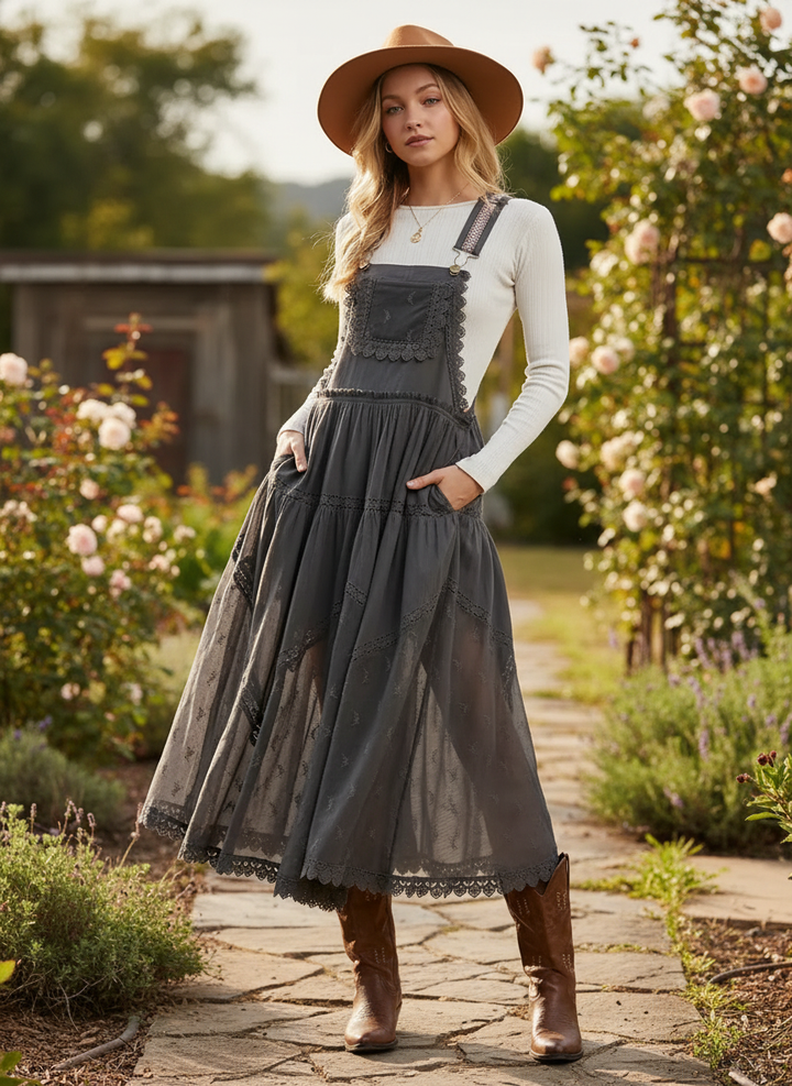 Lace Embroidered Tulle Bib Maxi Dress