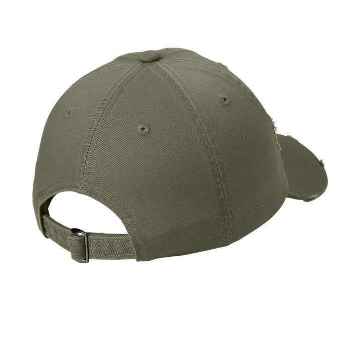 Light olive distressed baseball cap with adjustable hideaway strap and metal D-ring slider, back view