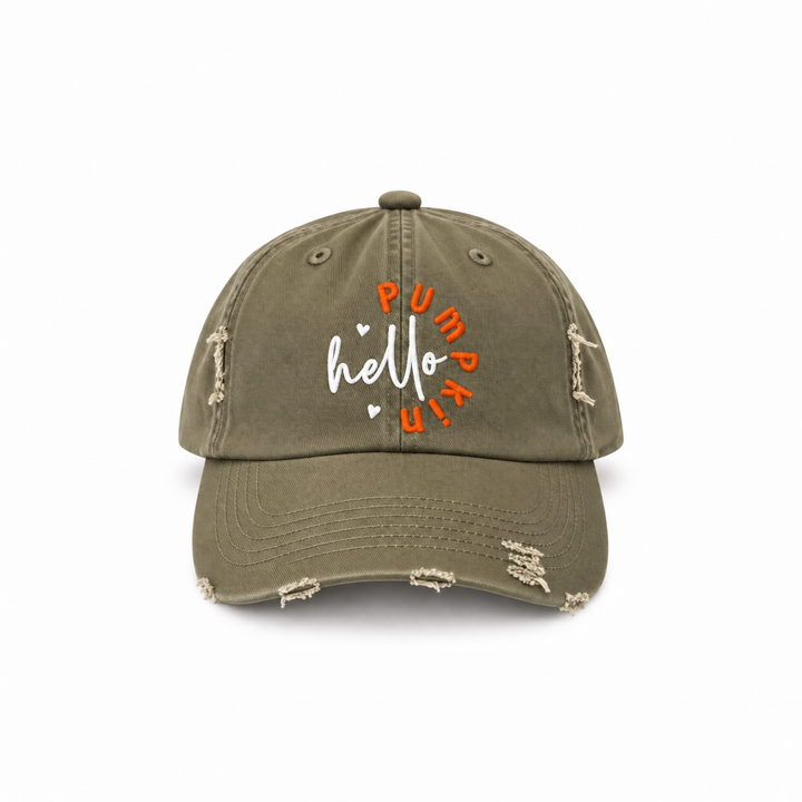 Light olive Hello Pumpkin distressed baseball cap with orange and white embroidery, front view