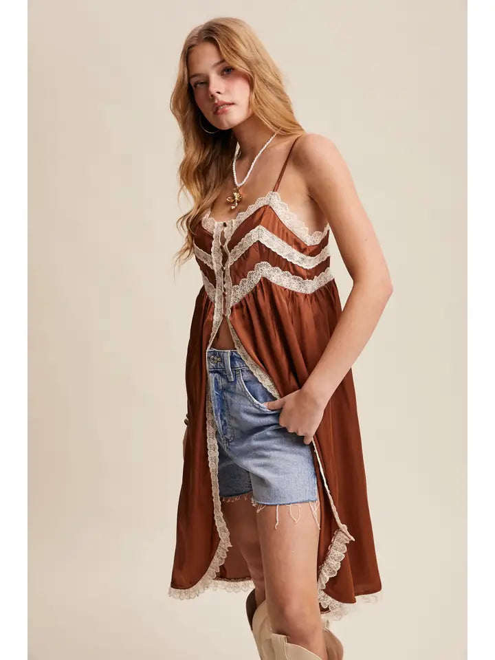 Lace Trim Maxi Cami Top | Boho Button-Front High-Low Layering Top