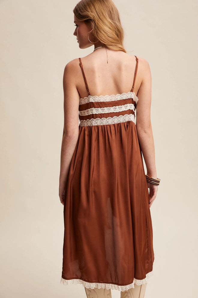 Lace Trim Maxi Cami Top | Boho Button-Front High-Low Layering Top