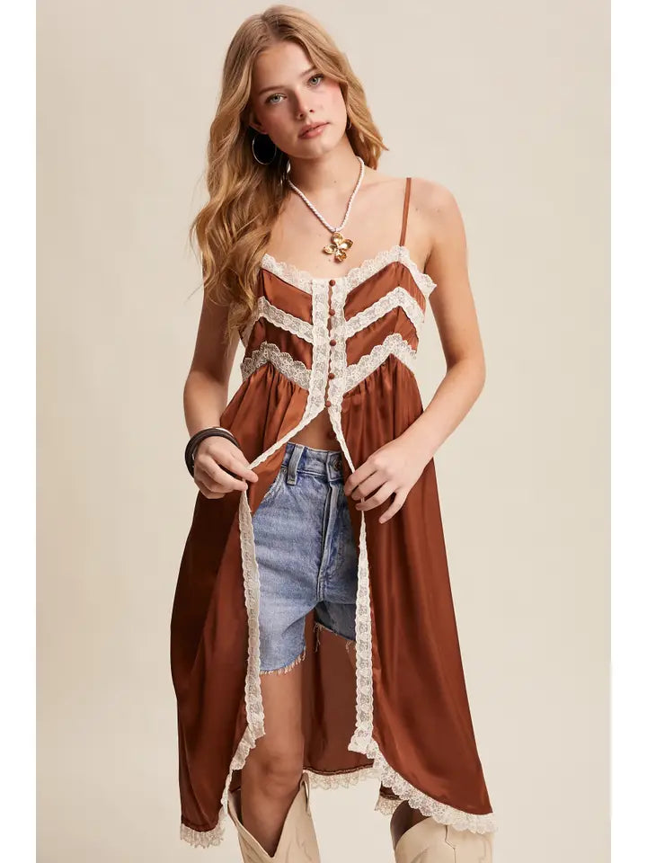 Lace Trim Maxi Cami Top | Boho Button-Front High-Low Layering Top
