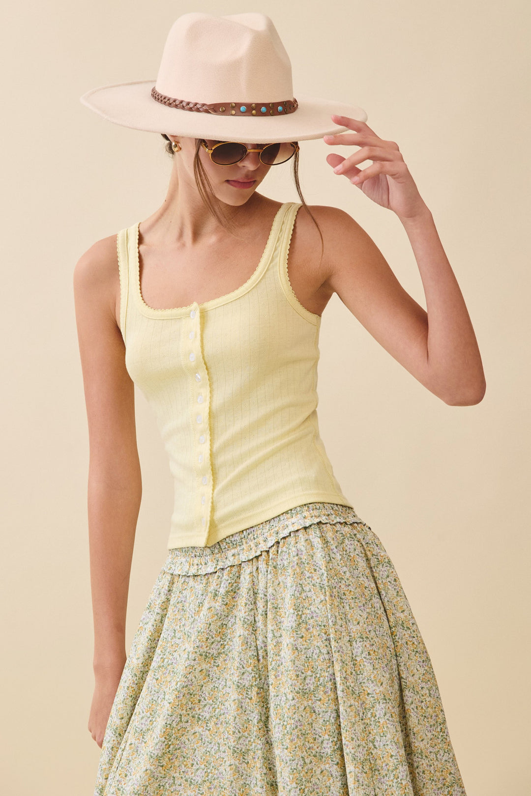 Pointelle Button Front Cami Tank
