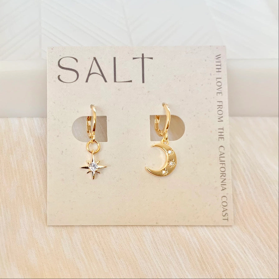 Star & Moon Huggie Hoops – Gold | Celestial Charm Earrings