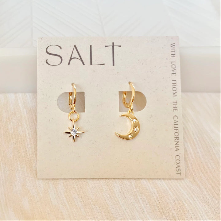 Star & Moon Huggie Hoops – Gold | Celestial Charm Earrings