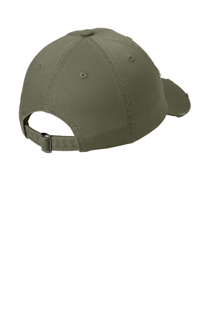 Back of a light olive baseball cap showing the adjustable fabric strap and metal D-ring slider.