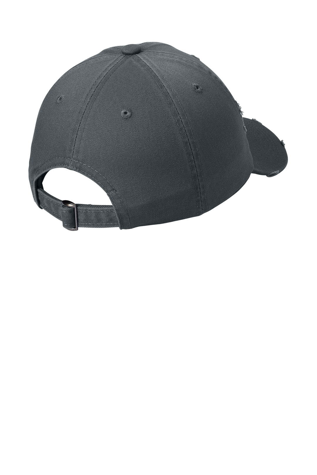 Rear view of a nickel gray baseball cap showing the adjustable fabric strap and metal D-ring slider.