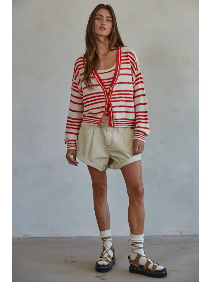 Knit Sweater Cotton Striped V-Neck Cardigan | Cropped Button-Down Cotton Cardigan